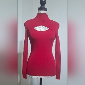 White House Black Market Red Ribbed Cutout Turtleneck Sweater